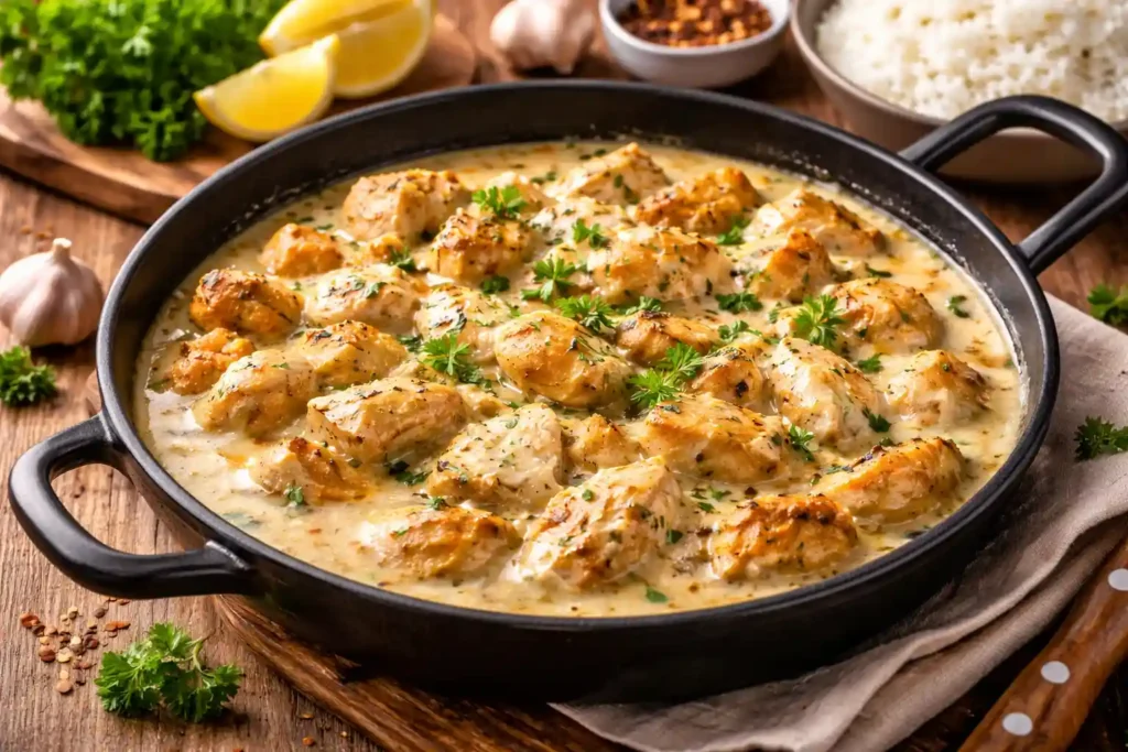 Frango cremoso de frigideira com molho cremoso e ervas frescas, preparado em panela de ferro e servido como jantar fácil com frango em 30 minutos, acompanhado de arroz branco.