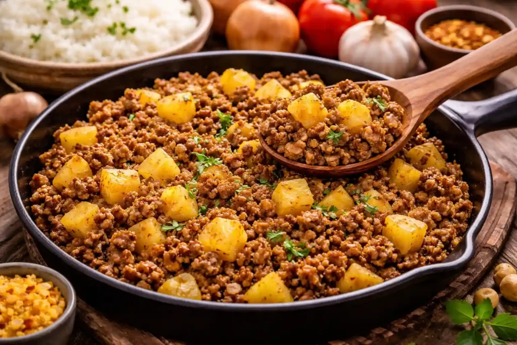 Carne moída com batata refogada servida em frigideira, uma receita econômica com carne moída ideal para almoço simples, caseiro e barato