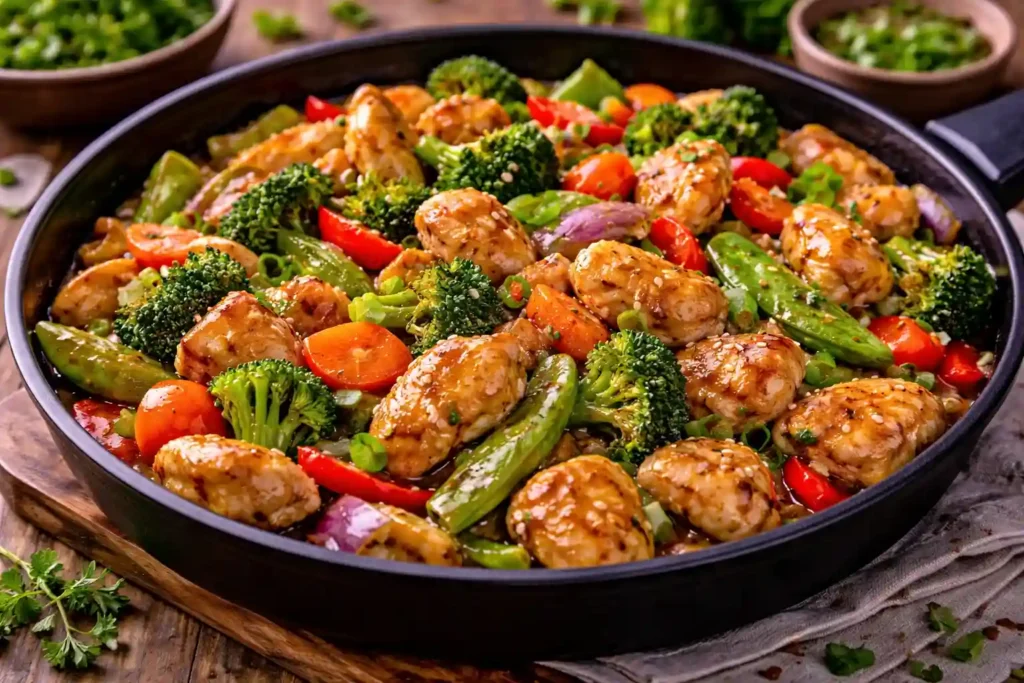 Frango com legumes na panela preparado com brócolis, cenoura e pimentão, receita leve e prática de jantar fácil com frango em 30 minutos para o dia a dia.
