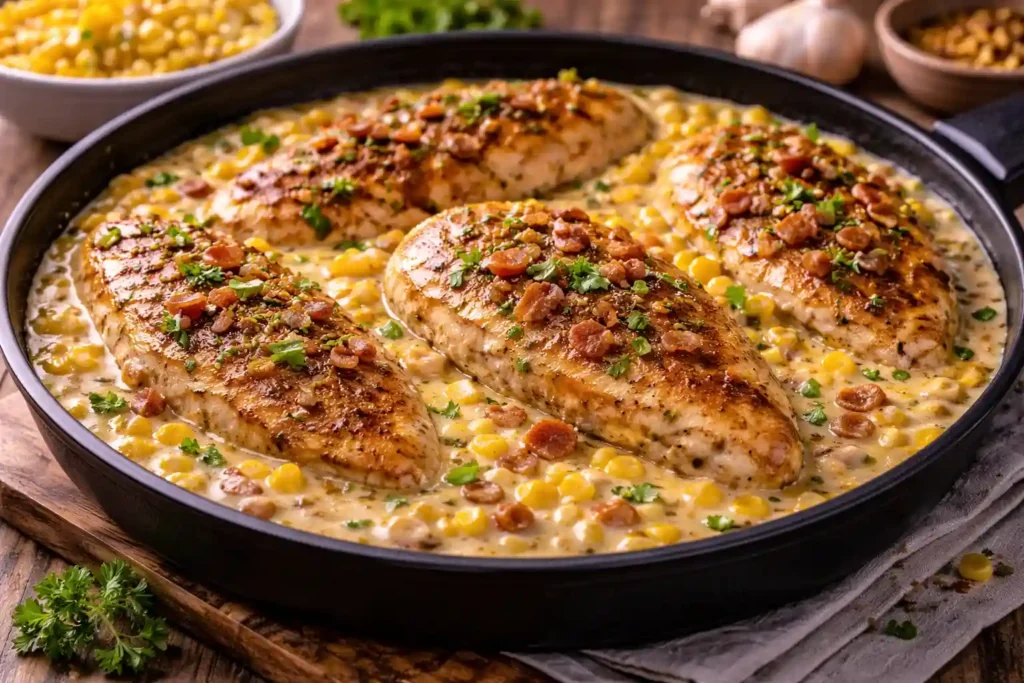 Frango com milho cremoso preparado na frigideira com molho cremoso e milho dourado, opção prática e saborosa de jantar fácil com frango em 30 minutos.