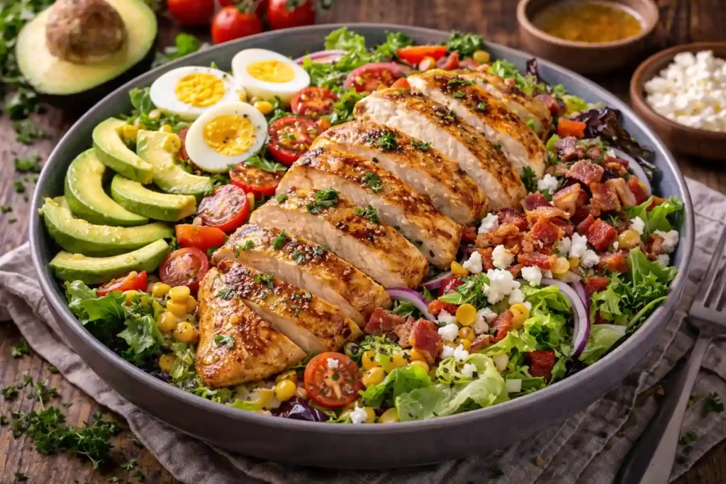 Salada completa com frango grelhado, alface, tomate e ovos, opção leve e nutritiva de jantar fácil com frango em 30 minutos para refeições rápidas.