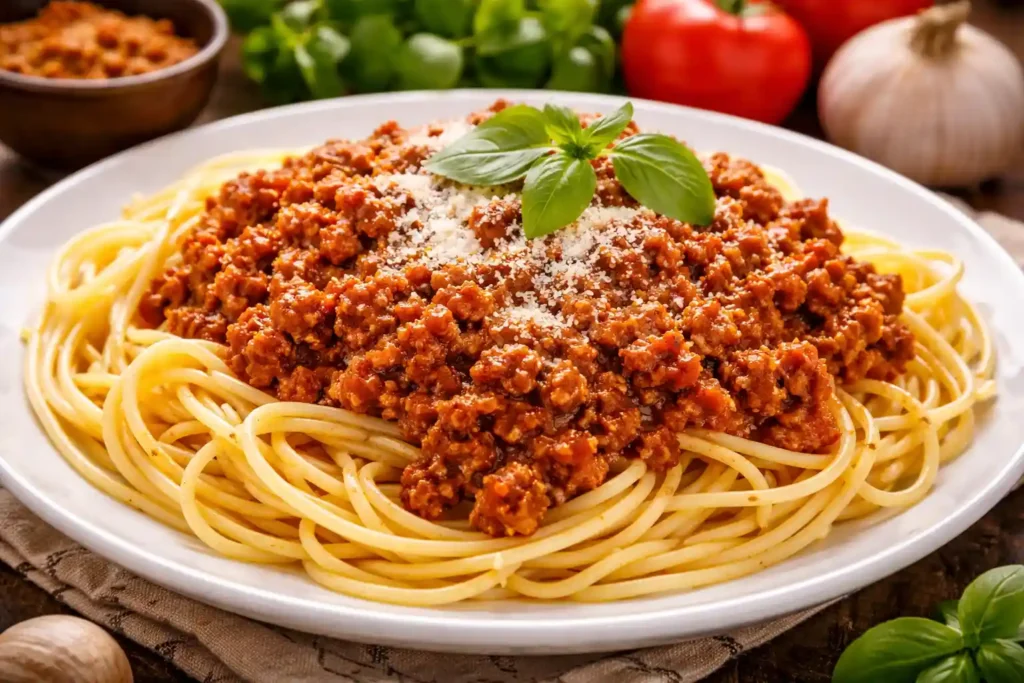 Macarrão com carne moída simples servido em prato branco, uma receita econômica e prática para almoço ou jantar do dia a dia