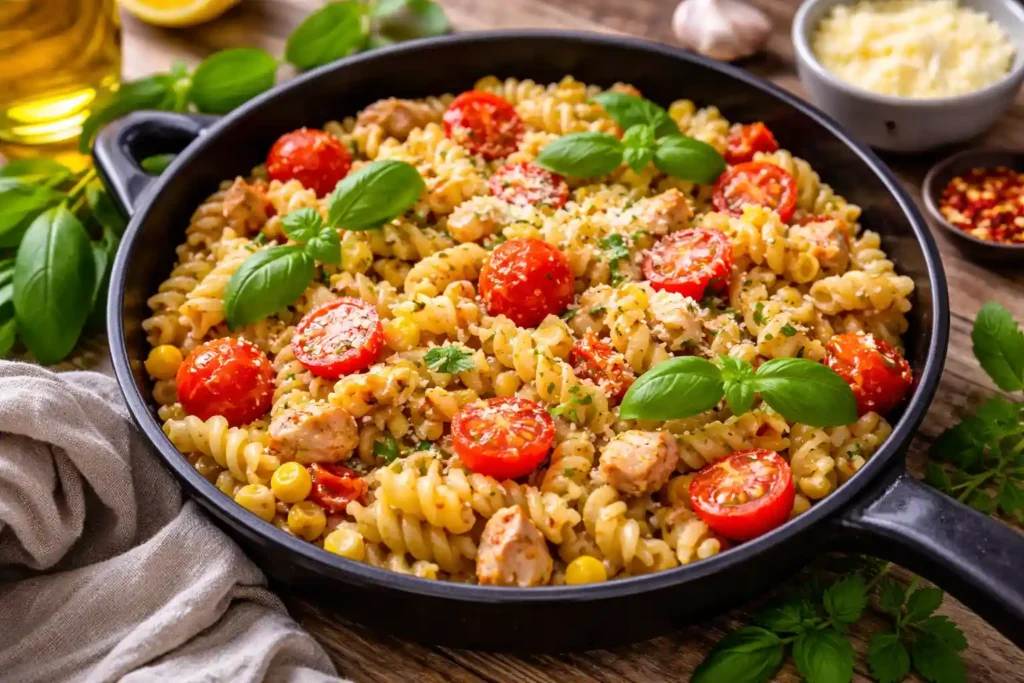 Macarrão rápido com frango, tomate e milho na frigideira, receita prática de jantar barato e rápido feita com ingredientes simples e preparo fácil para o dia a dia.