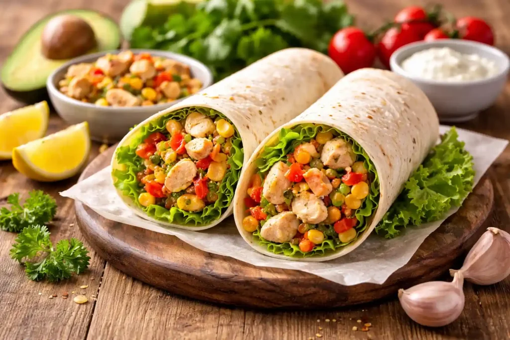 Wrap de frango rápido com tiras de frango grelhado, alface, milho e legumes frescos em tortilha, opção prática de jantar fácil com frango em 30 minutos.