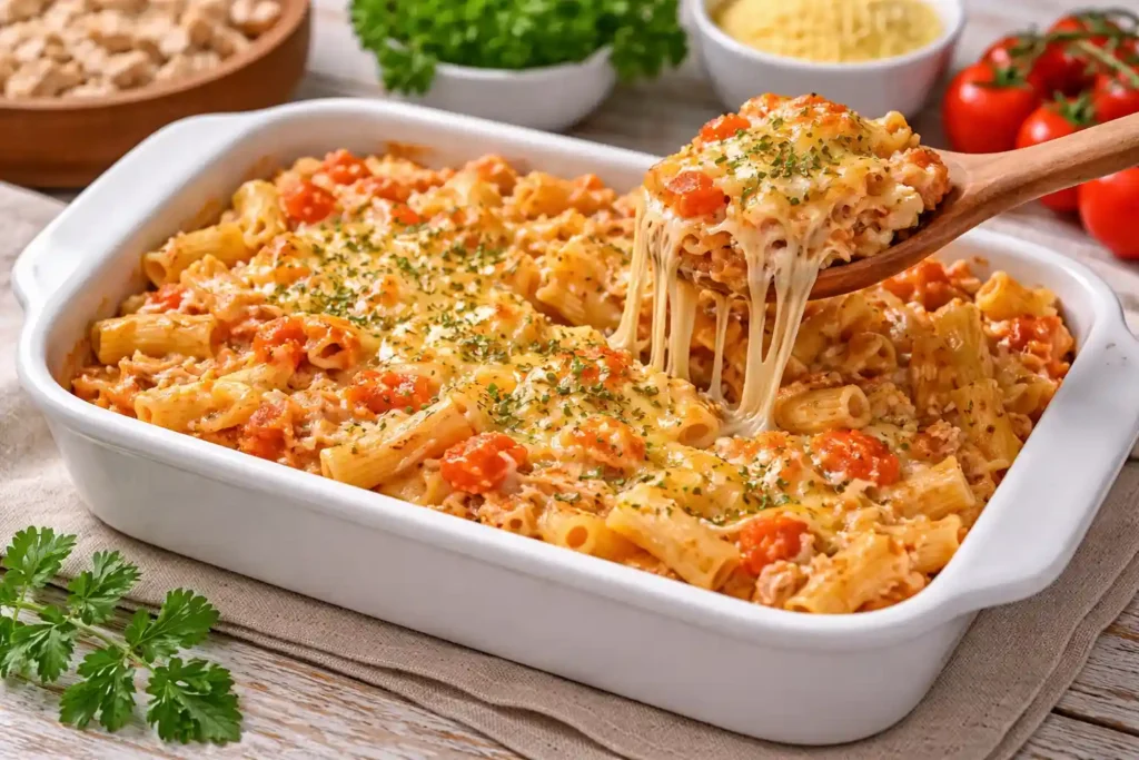Macarrão cremoso de forno com frango gratinado e queijo derretido, receita fácil e econômica para Páscoa, prato simples e saboroso para almoço em família
