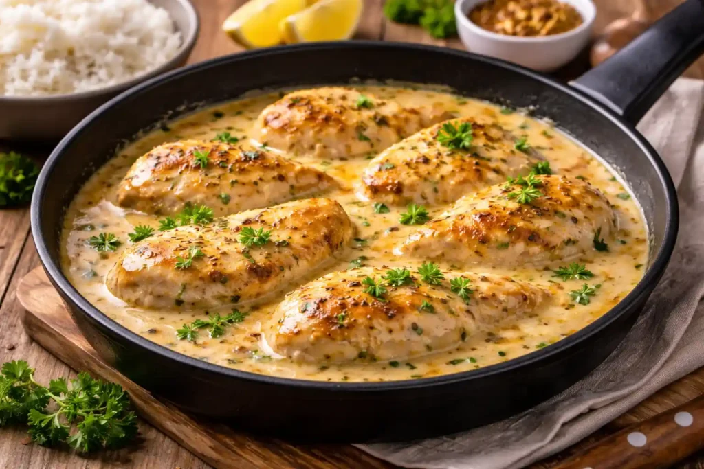 Frango ao molho de mostarda cremoso servido em prato rústico, receita prática de jantar fácil com frango em 30 minutos, ideal para acompanhar arroz ou legumes.