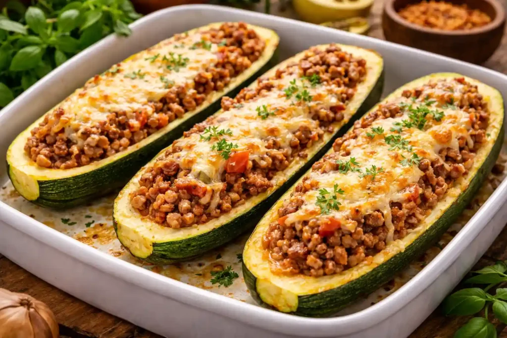 Abobrinha recheada com carne moída assada e bem cozida, gratinada com queijo, em receita econômica e prática para almoço ou jantar