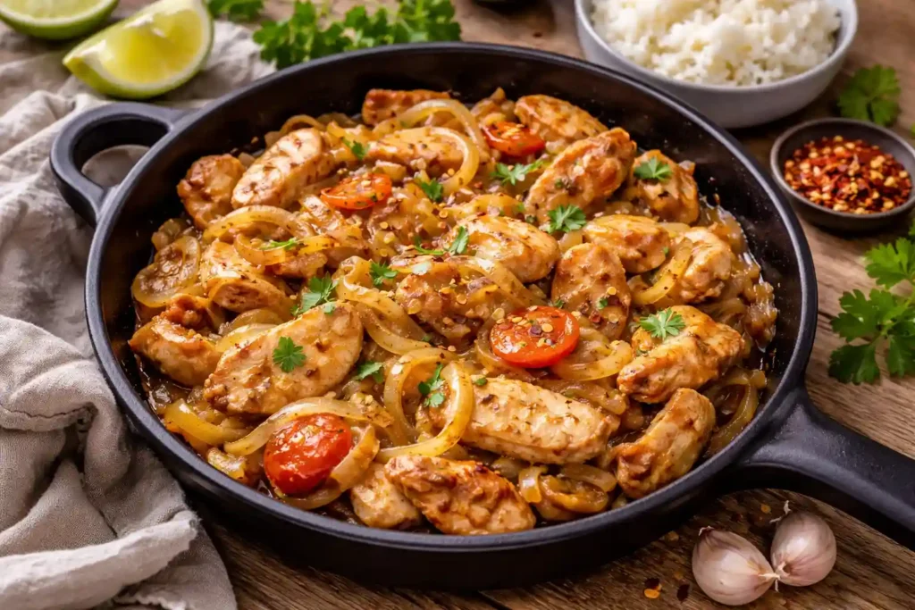 Frango acebolado simples e suculento na frigideira com cebola dourada, opção de jantar barato e rápido feito com poucos ingredientes e preparo fácil para o dia a dia.