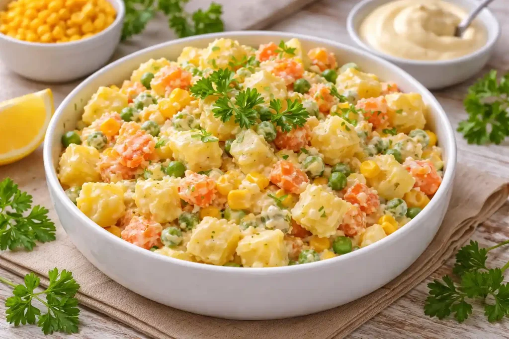 Salada cremosa de batata com maionese, cenoura e milho, receita simples e econômica para Páscoa, acompanhamento fácil e saboroso para almoço em família