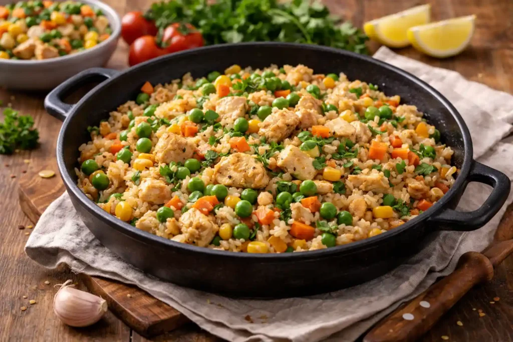 Arroz rápido com frango e legumes preparado em panela rústica, com cubos de frango, cenoura, ervilha e milho, opção prática de jantar fácil com frango em 30 minutos.