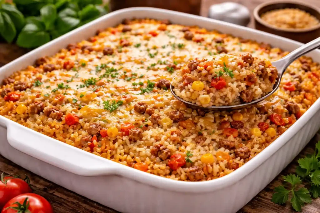 Arroz de forno com carne moída gratinado em travessa, uma receita econômica e prática para reaproveitar sobras no almoço ou jantar