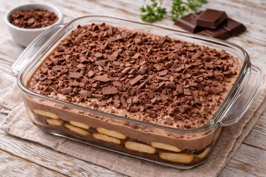 Sobremesa cremosa de chocolate em travessa com camadas de biscoito, receita de Páscoa fácil e gelada, doce simples e irresistível para almoço em família