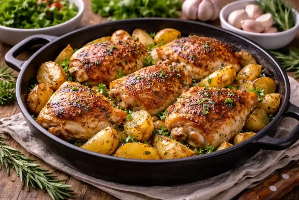 Frango dourado com batatas salteadas em frigideira rústica, receita simples e prática de jantar fácil com frango em 30 minutos, ideal para o dia a dia da família.