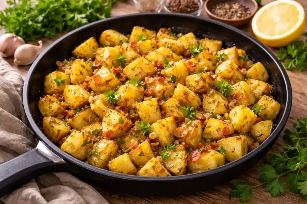 Batata refogada dourada na frigideira com temperos e ervas, opção de jantar barato e rápido feita com poucos ingredientes, simples, econômica e fácil de preparar.