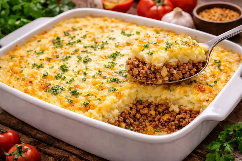Escondidinho simples de carne moída gratinado em travessa, receita econômica e caseira ideal para almoço em família ou jantar prático