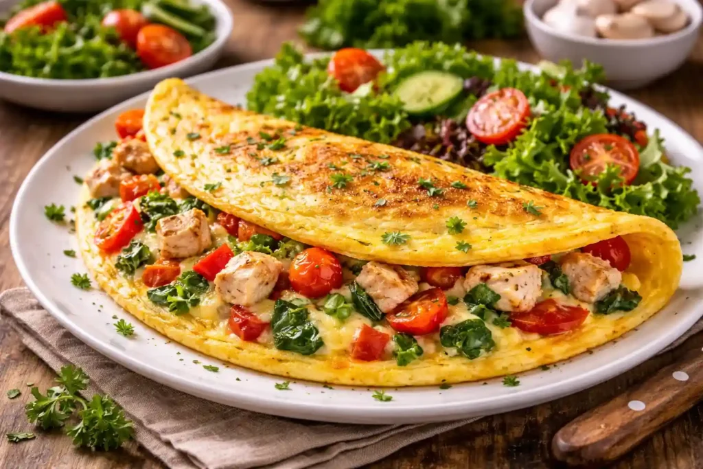 Omelete recheada com frango desfiado e queijo preparada na frigideira, opção rápida e nutritiva de jantar fácil com frango em 30 minutos.