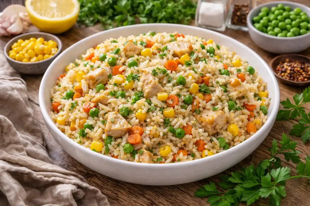 Arroz incrementado tipo mexidão com legumes, ovos e carne na panela, opção de jantar barato e rápido feito com sobras e ingredientes simples do dia a dia.