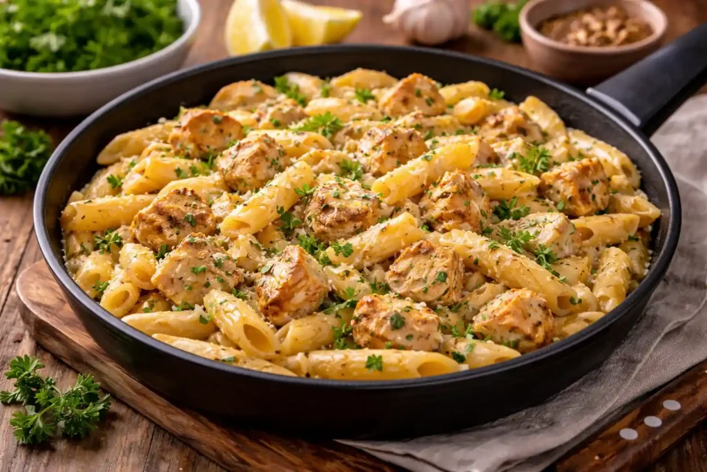 Macarrão rápido com frango em molho de tomate servido em prato rústico, receita prática de jantar fácil com frango em 30 minutos, ideal para refeições rápidas do dia a dia.