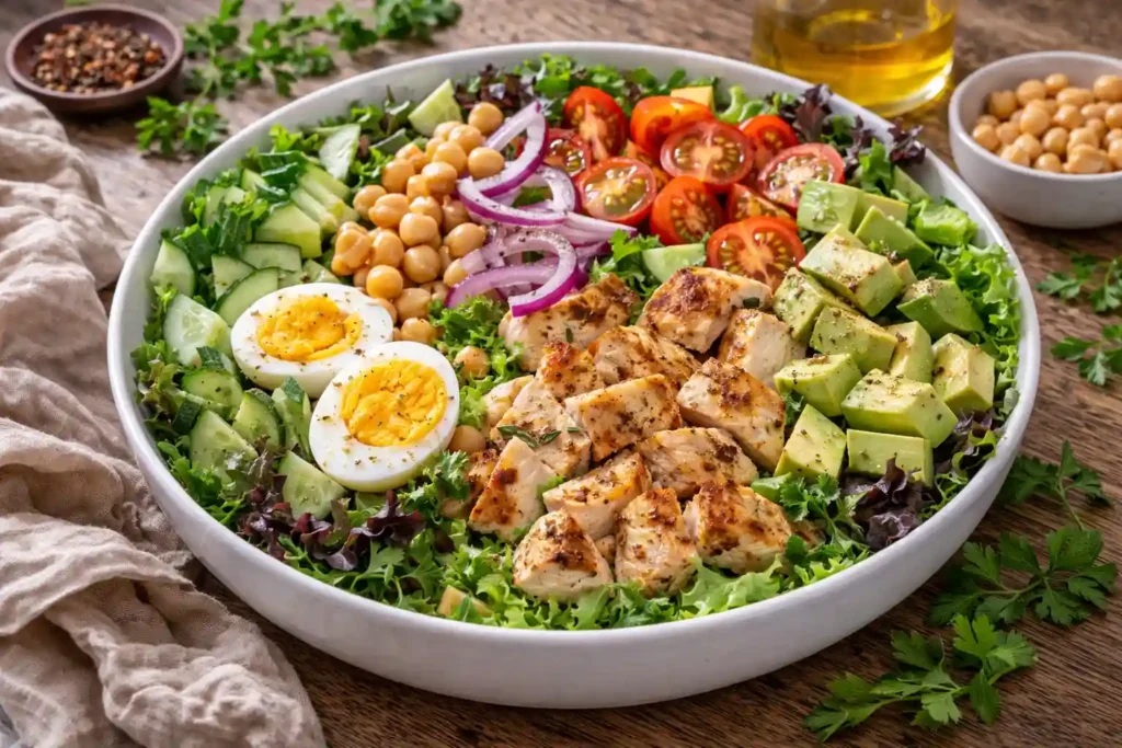 Salada completa com frango grelhado, ovos, legumes e folhas frescas, opção leve de jantar barato e rápido, saudável, fácil de preparar e com ingredientes simples.