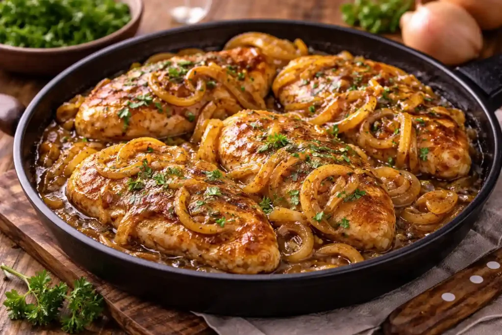 Frango acebolado dourado na frigideira com cebolas caramelizadas, receita simples e saborosa de jantar fácil com frango em 30 minutos para o dia a dia.