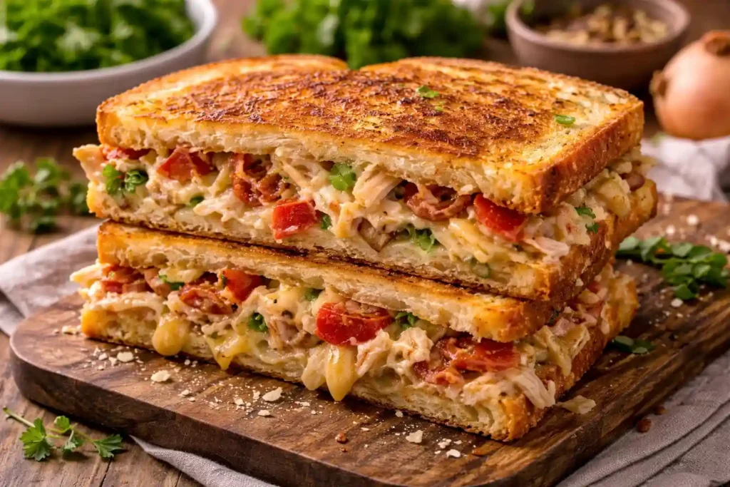 Sanduíche quente de frango com queijo derretido e frango desfiado no pão tostado, opção prática de jantar fácil com frango em 30 minutos para refeições rápidas.