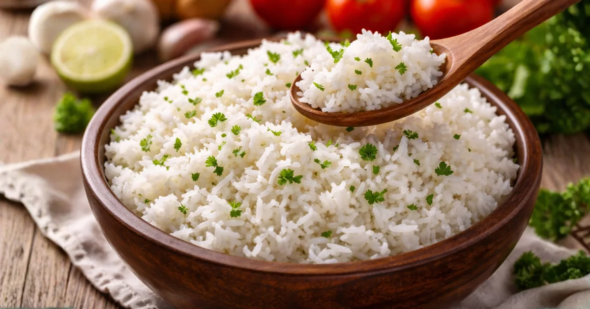 Arroz branco soltinho perfeito servido em tigela de madeira com colher, grãos bem separados e textura leve, ideal para almoço simples do dia a dia.
