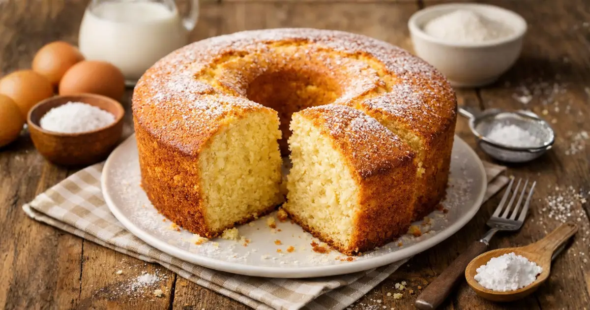 Bolo simples fofinho caseiro recém-assado, com textura macia e fatia cortada mostrando o interior leve e aerado sobre mesa rústica com ingredientes de cozinha ao redor.