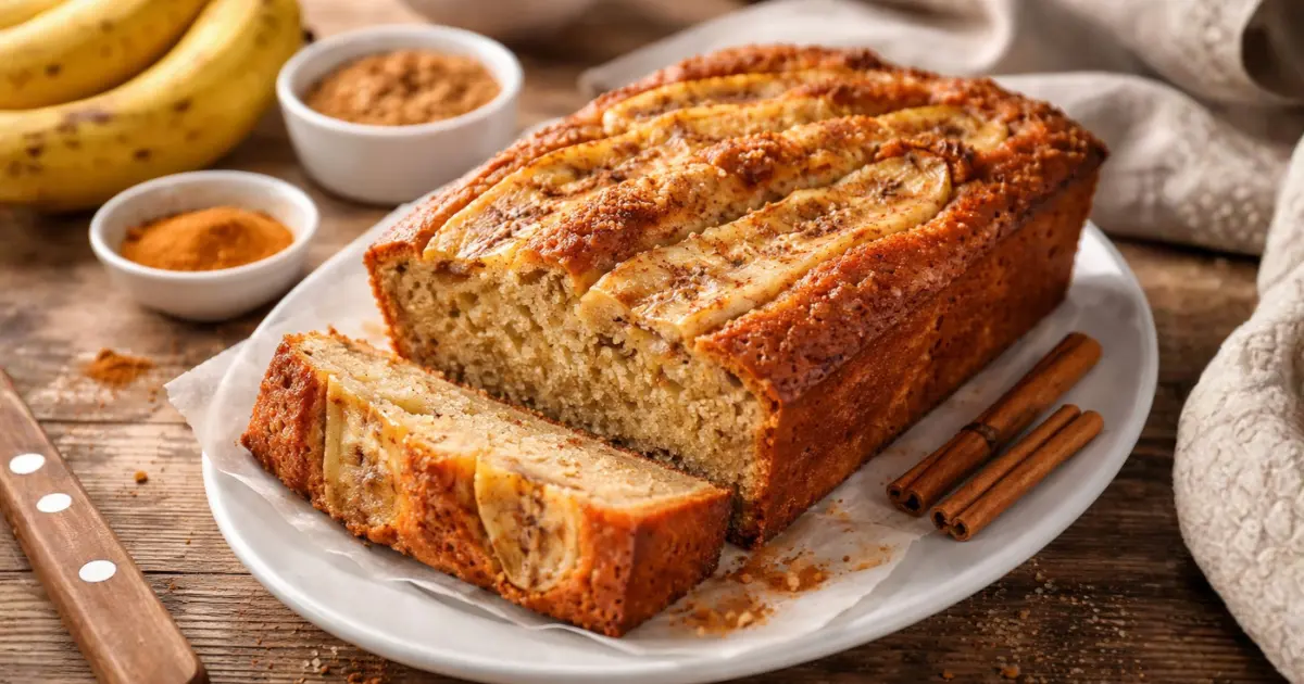 Bolo de banana fácil caseiro com fatias de banana por cima, massa macia e dourada, servido em prato rústico com canela e bananas maduras ao fundo.