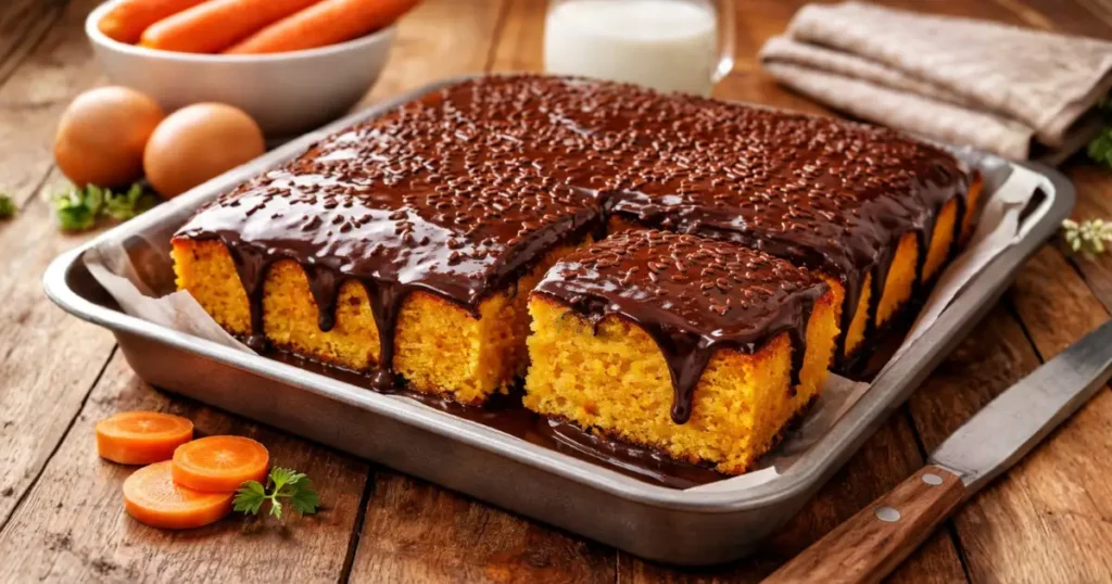 Bolo de cenoura com cobertura simples de chocolate, macio e fofinho, servido em forma retangular com calda escorrendo e fatia cortada sobre mesa de madeira rústica.