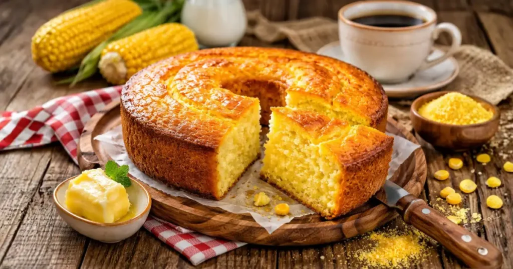 Bolo de fubá tradicional caseiro, fofinho e dourado, servido em tábua de madeira com café ao lado em cenário rústico de cozinha.