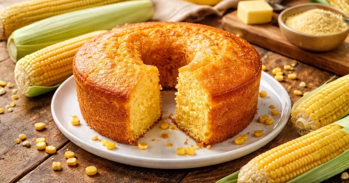 Bolo de milho caseiro fofinho e dourado servido em prato branco, com fatia cortada mostrando a massa macia e úmida, em cenário rústico com espigas de milho ao redor.