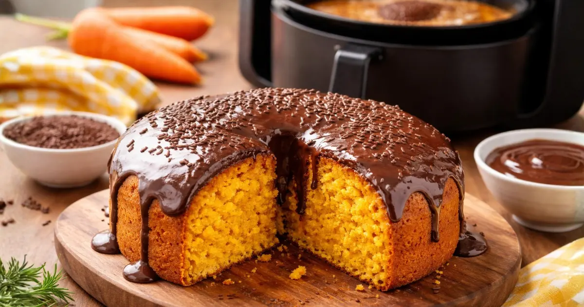 Bolo na airfryer fácil de cenoura com cobertura de chocolate, massa fofinha e aparência caseira, servido sobre tábua de madeira ao lado da airfryer.