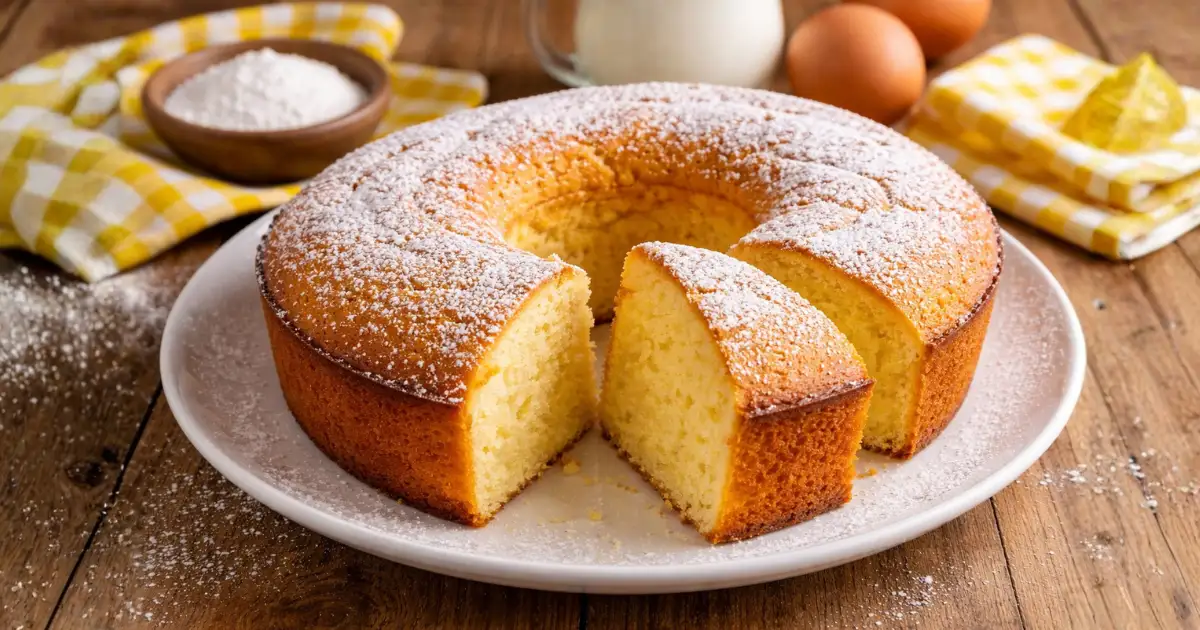 bolo de maisena simples com 3 ingredientes, fofinho e dourado, servido em prato branco com fatias cortadas, textura leve e macia, ideal para café da tarde fácil e rápido