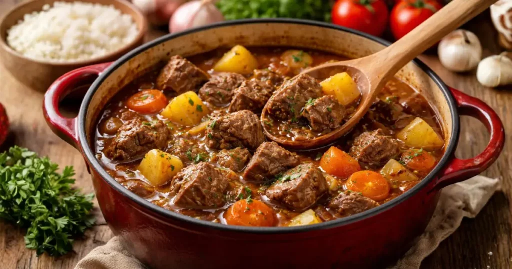 Carne de panela simples em panela vermelha com pedaços macios de carne, batata e cenoura em molho encorpado, receita caseira fácil e saborosa para o dia a dia