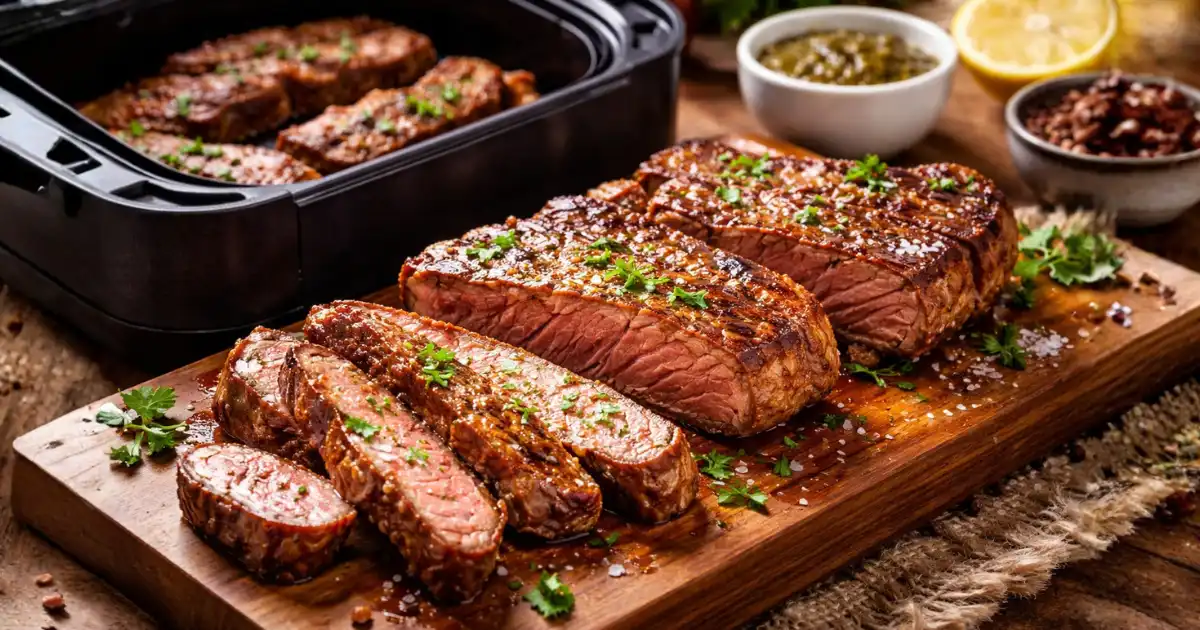Carne na airfryer simples servida em fatias sobre tábua de madeira, dourada por fora e suculenta por dentro, com tempero caseiro e airfryer ao fundo.