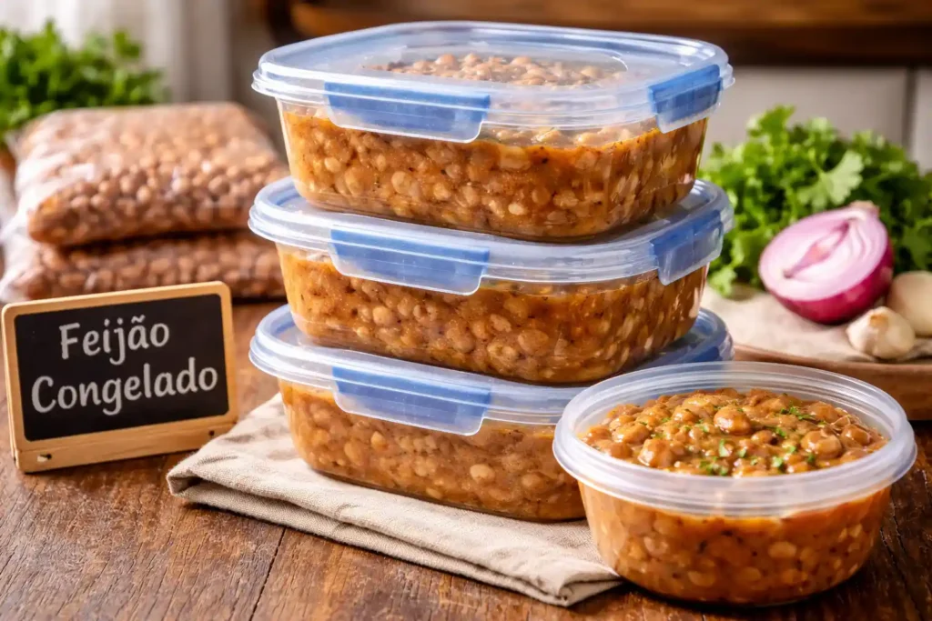 Porções de feijão temperado armazenadas em potes plásticos com tampa, mostrando como guardar feijão pronto na geladeira ou freezer para conservar por mais tempo.