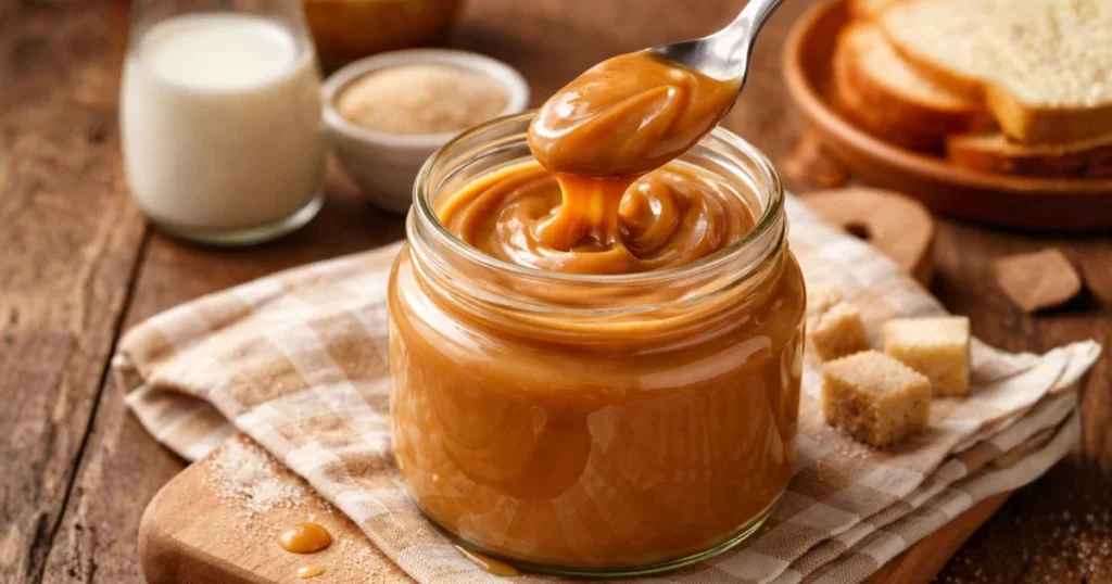 Doce de leite caseiro cremoso em pote de vidro, com textura brilhante e colher servindo o doce sobre mesa rústica de madeira.