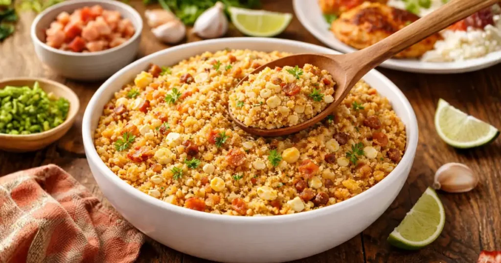 Farofa simples para o dia a dia em tigela branca, com farinha dourada soltinha, bacon crocante, ovos e temperos, servida em mesa rústica com prato de arroz e frango ao fundo