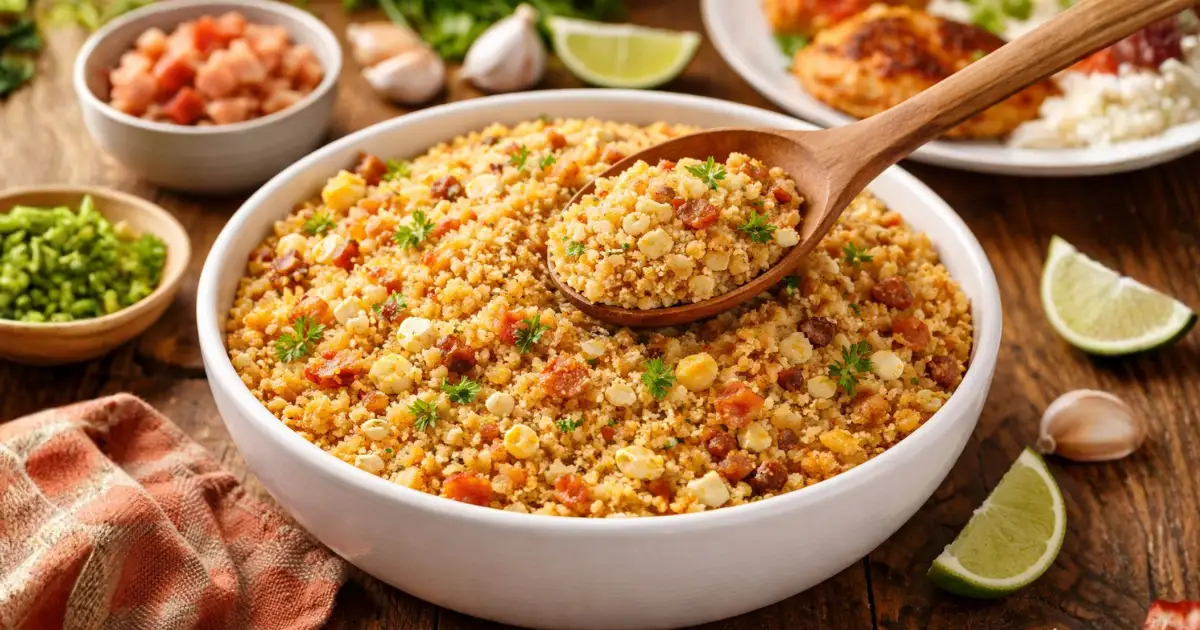 Farofa simples para o dia a dia em tigela branca, com farinha dourada soltinha, bacon crocante, ovos e temperos, servida em mesa rústica com prato de arroz e frango ao fundo