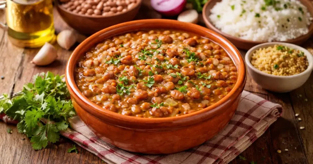 Feijão temperado fácil em tigela rústica com caldo claro e cremoso, finalizado com cheiro-verde, acompanhado de arroz branco e farofa sobre mesa de madeira.