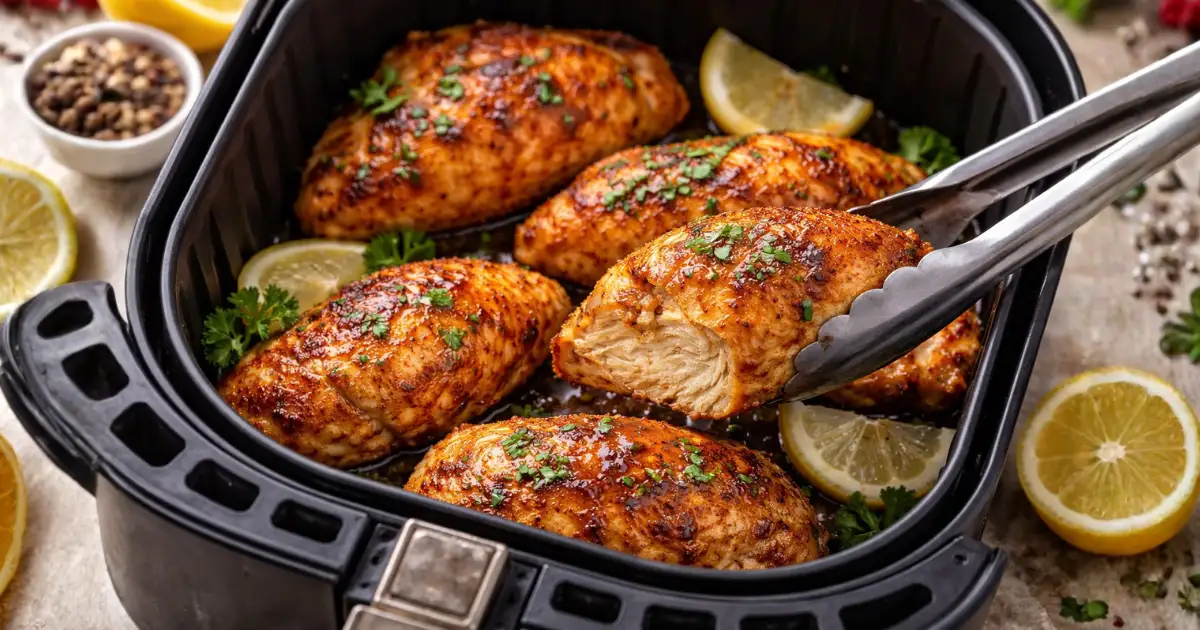 Frango na airfryer suculento e dourado por fora, servido na cesta da airfryer com limão e ervas, ideal para receita prática de almoço ou jantar.