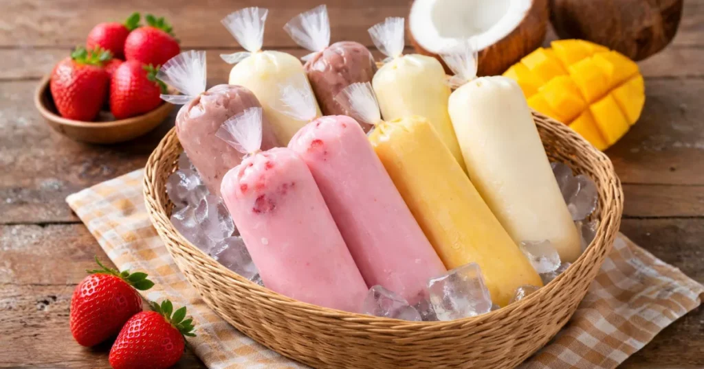 Geladinho gourmet simples cremoso em saquinhos, com sabores de morango, chocolate, coco e manga, dispostos em cesta com gelo sobre mesa rústica, ideal para receita fácil e renda extra.