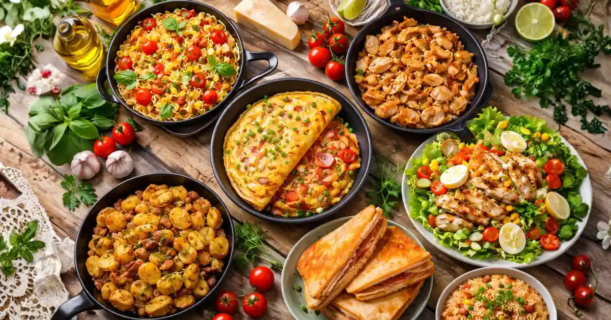 Jantar barato e rápido com opções caseiras como omelete, macarrão, frango acebolado, batata refogada e salada completa, servido em mesa rústica com ingredientes simples e acessíveis.