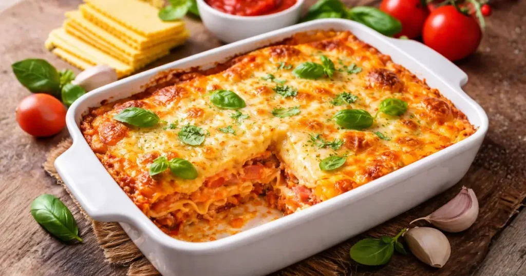 Lasanha fácil com poucos ingredientes em travessa, com queijo gratinado dourado e camadas cremosas de massa, molho de tomate e presunto, pronta para servir em mesa rústica.