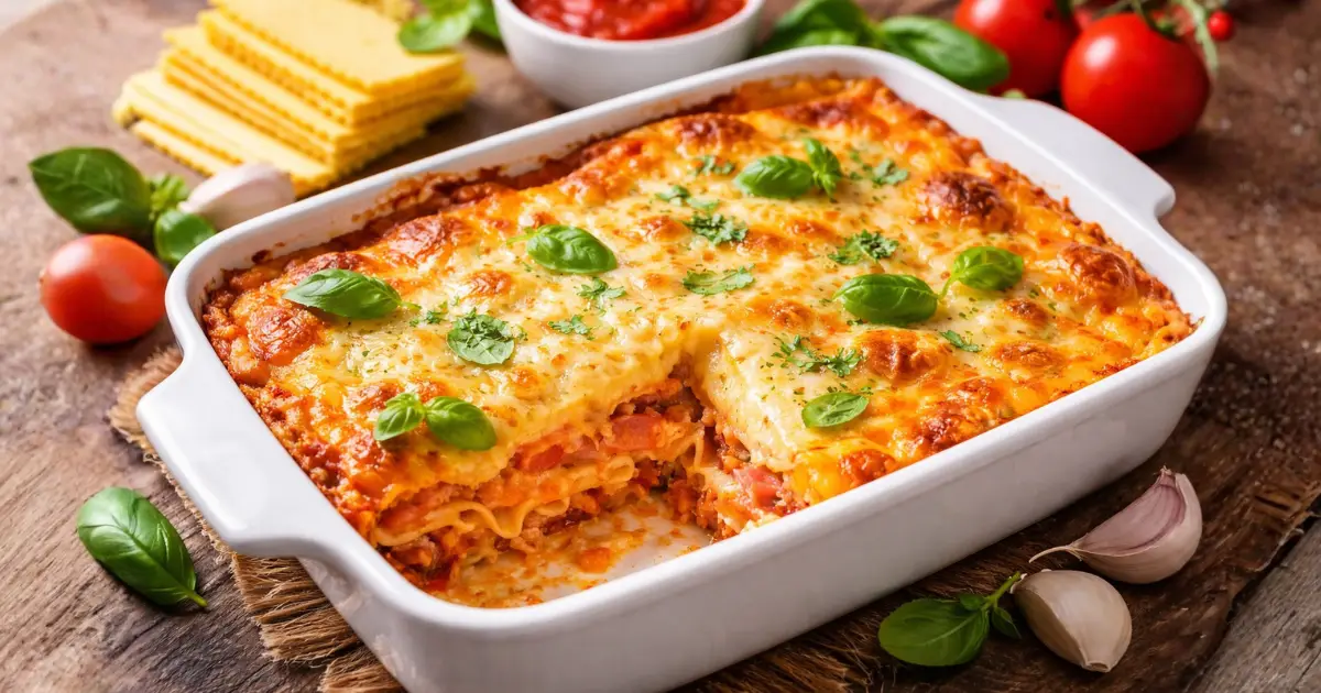 Lasanha fácil com poucos ingredientes em travessa, com queijo gratinado dourado e camadas cremosas de massa, molho de tomate e presunto, pronta para servir em mesa rústica.