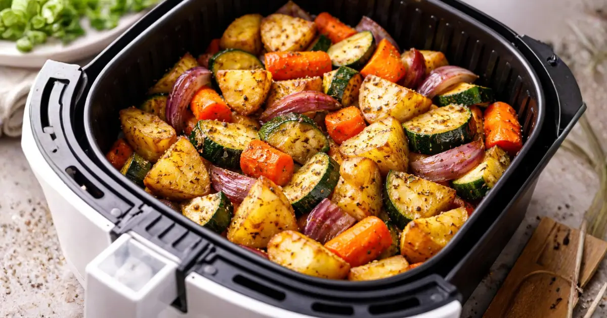 Legumes na airfryer douradinhos e bem temperados em destaque, com batata, cenoura, abobrinha e cebola assadas até ficarem macias por dentro e levemente crocantes por fora.