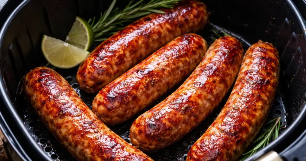 Linguiça na airfryer perfeita dourada e suculenta dentro do cesto da airfryer, com aparência crocante por fora e preparo prático para almoço ou jantar.