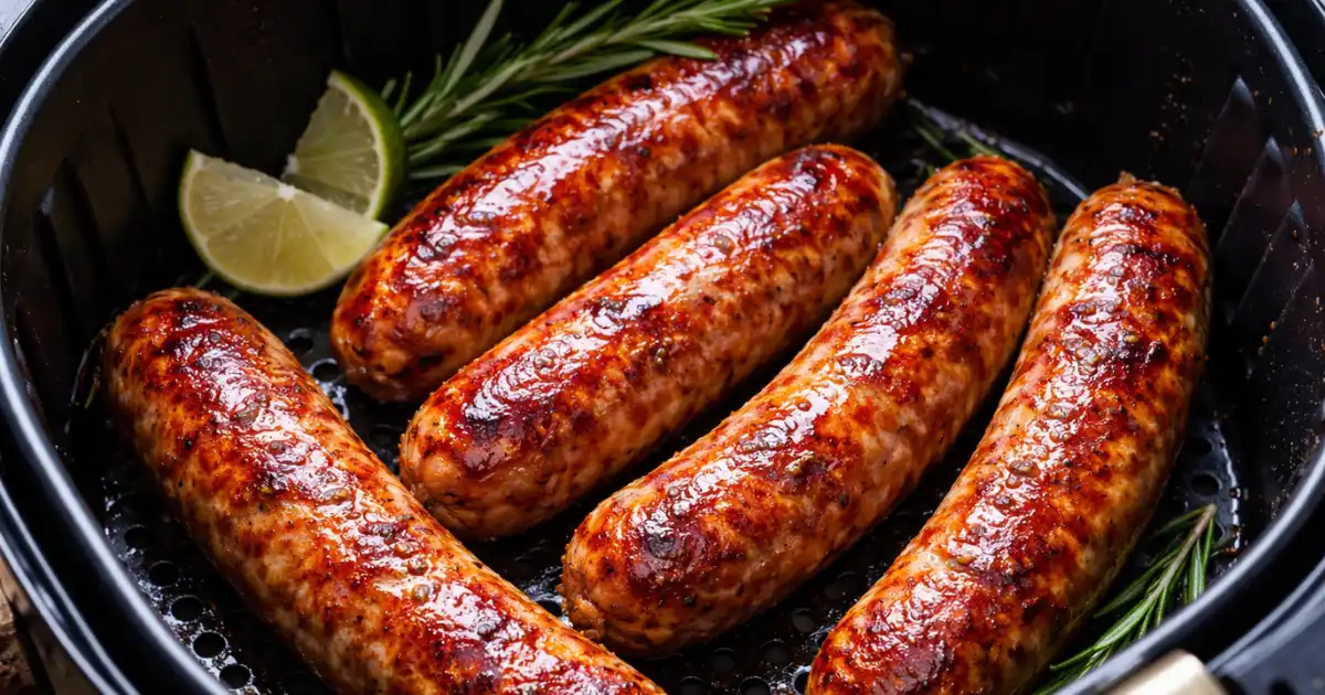 Linguiça na airfryer perfeita dourada e suculenta dentro do cesto da airfryer, com aparência crocante por fora e preparo prático para almoço ou jantar.