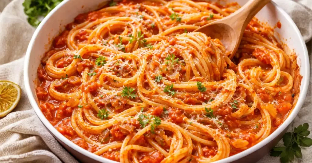 Macarrão barato e saboroso ao molho de tomate cremoso com cebola dourada, servido em prato fundo, com massa bem envolvida no molho caseiro e finalização de ervas frescas.