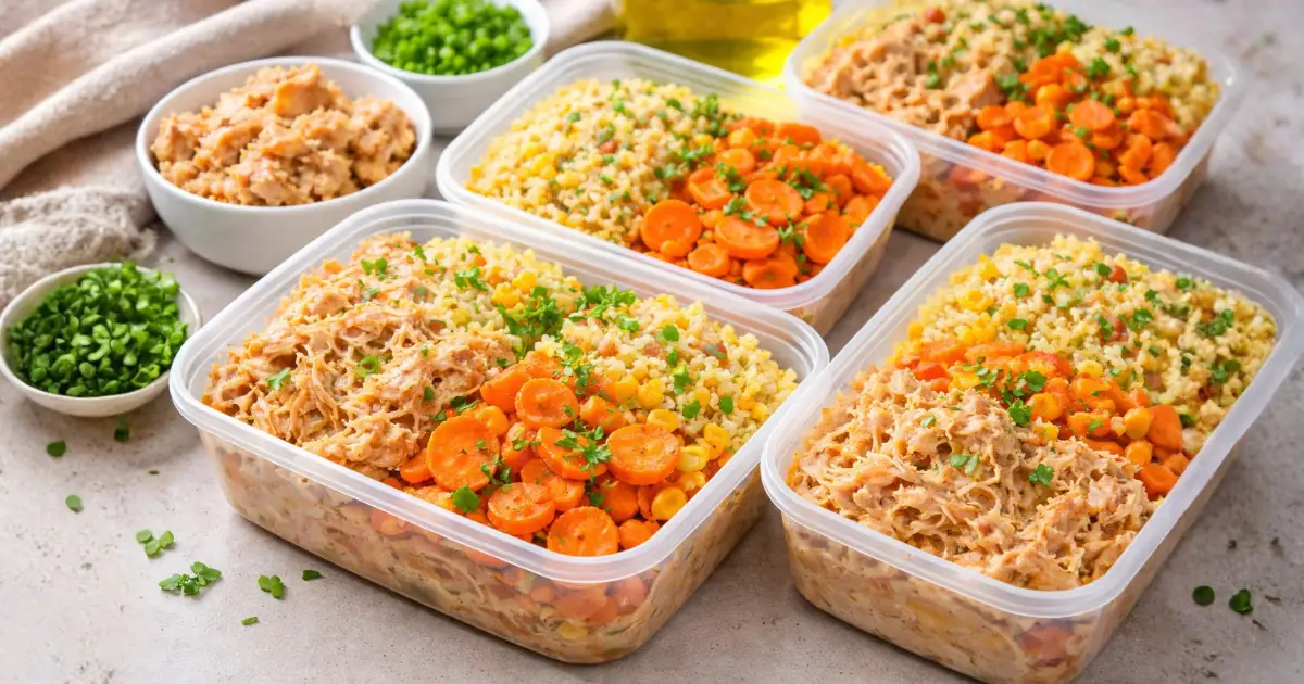 Marmita barata para congelar com frango desfiado cremoso, arroz temperado e cenoura em potes organizados para a semana